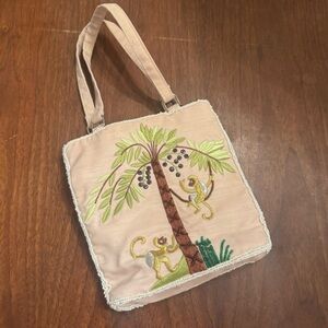 Ermo Beaded Embroidered Monkey Hand Bag Beige Small Tropical Vacation